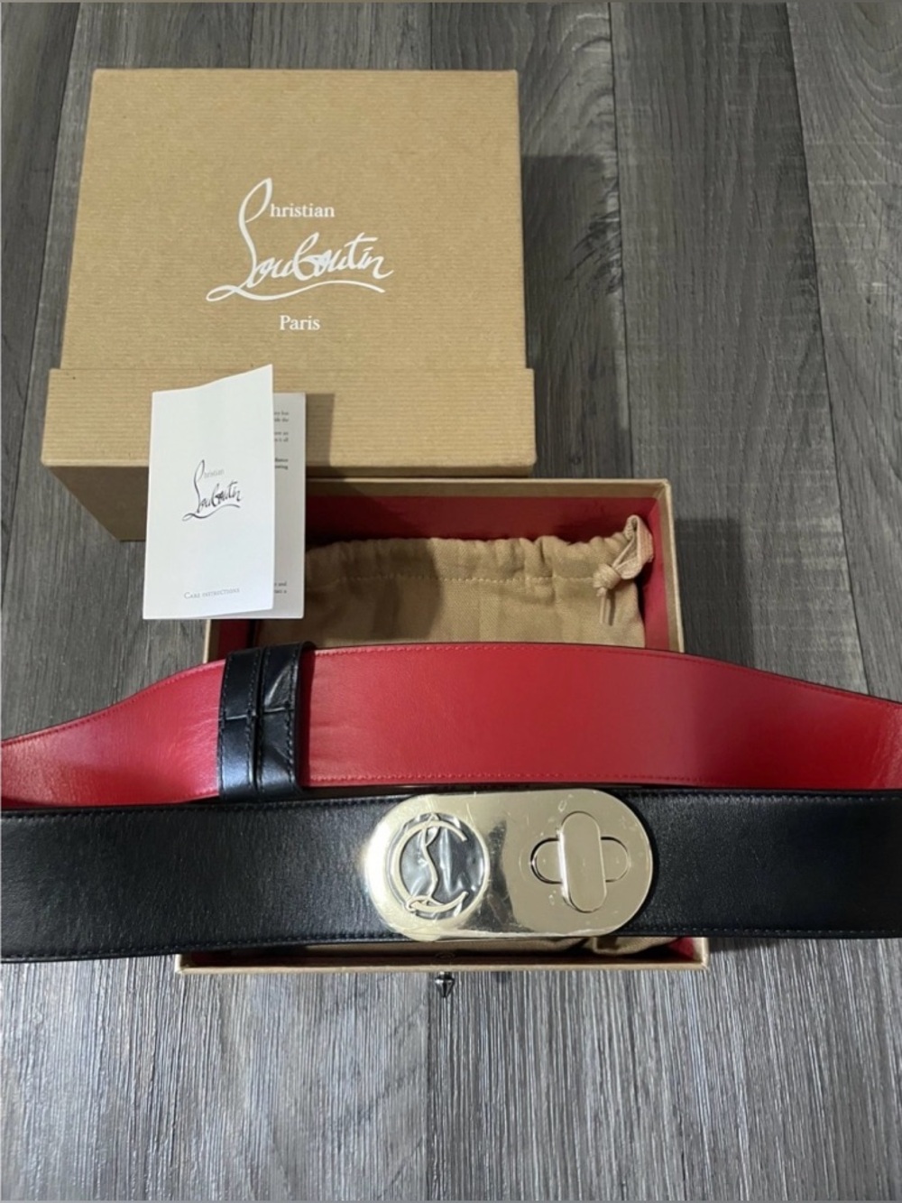 Christian Louboutin Red and Black Elisa Leather Belt with Gold Buckle